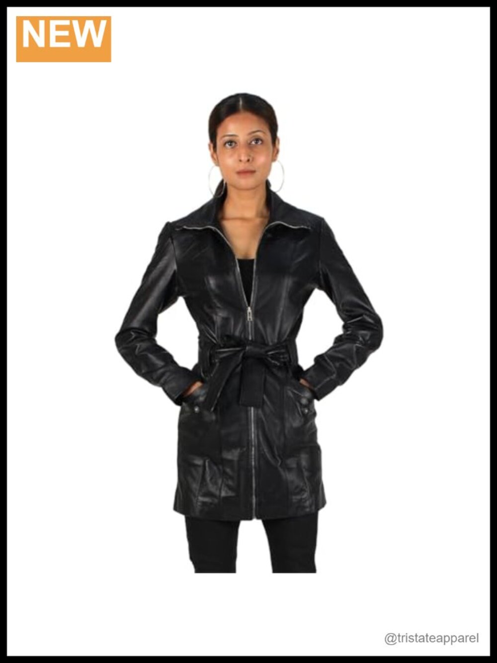 Genuine Lambskin Leather Trench Coat with Belted Waist